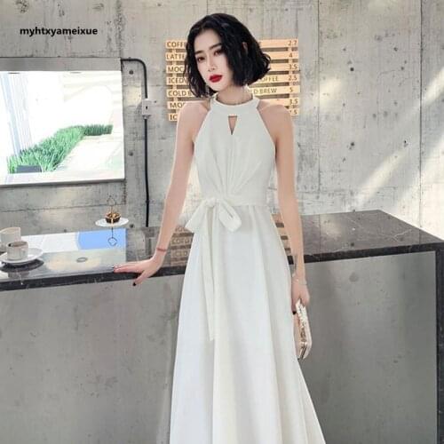White evening dress skirt female 2021 new temperament halter neck long bridal dress prom evening dress O-neck Sleeveless Beach