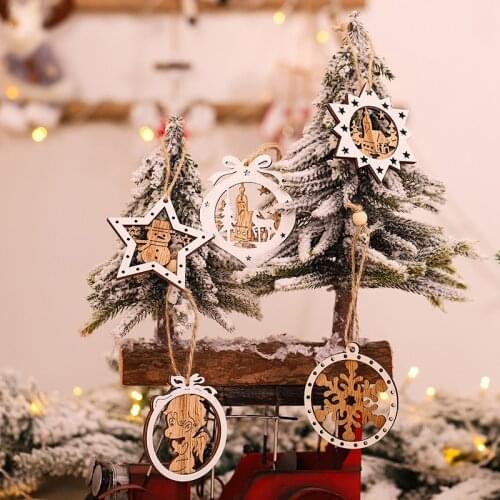 2pcs/bag Cartoon Round Star Shape Hollow Christmas Wooden Xtmas Tree Drop Ornament Home Hotel New Year Party Hanging Pendant
