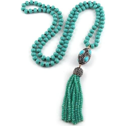Free Shipping Fashion Aqua Crystal Glass Knotted Handmake Paved Link Tassel Necklace