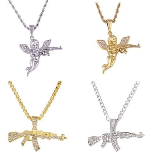 Fashion AK-47 Steampunk Necklace Pistol Submachine Gun Model Hip Hop Crystal Pendant Necklaces Men Christmas Charms Jewelry