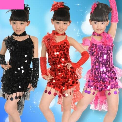 Children Kids Sequins Performance Yarn Latin Salsa Dresses Competition Ballroom Dance Costume Latin Dance Dress for Girls