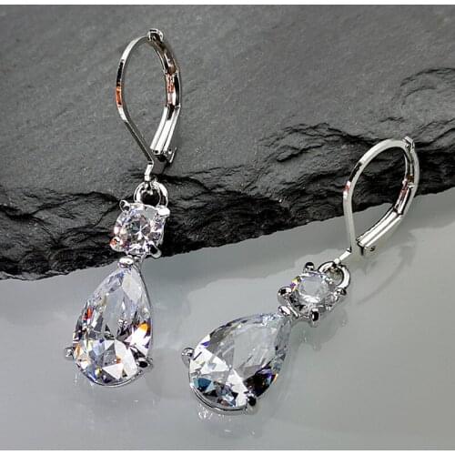 Druzy Elegant Silver Color Water Drop White Zircon Hoop Dangle Earrings Bridal Wedding Engagement Jewelry Valentines Day Gift