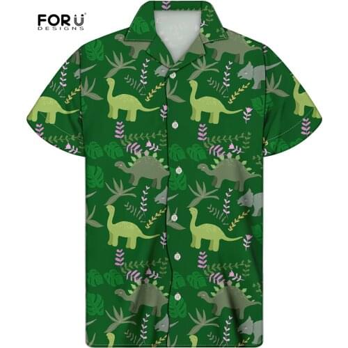 FORUDESIGNS Kawaii Dinosaur Pattern Mens Cuban Guayabera Shirts Beach Party Casual Stand Shirts Top Plus Size Clothing Chemise