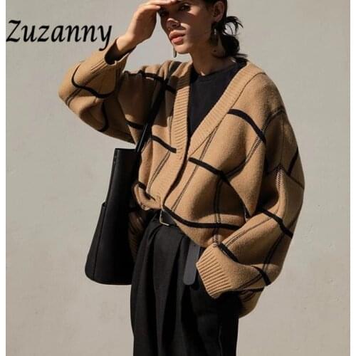 Irene Plaid Oversized Knitted Cardigan Sweater Women 2020 Brown V Neck Long Sleeve Casual Autumn Winter Jumper Sweaters Fashion