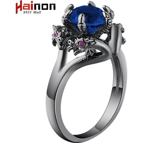 Dragon Ring Fashion Black Gold Filled Jewelry Vintage blue CZ crystal engagement Rings For men Birthday Stone rings jewelry