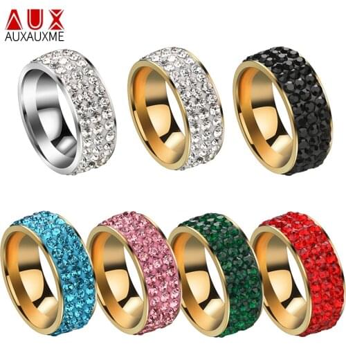 Auxauxme 3 Rows Crystal Stainless Steel Ring Pave Setting Rhinestone 8mm Wedding Rings For Women Elegant Engagement Jewelry 5-12