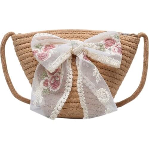 Summer Straw Mini Bag New Bow Lace Versatile Girl One-Shoulder Crossbody Woven Bag