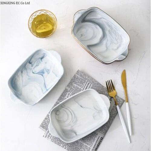 Marbled Ceramic Deep Mouth Western Food Plate Nordic Creative Household Binaural Baked Cheese Baked Rice Baking Pan Rice Bowl
