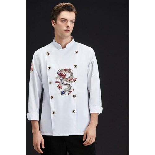 Men Women Embroidery Dragon Cook Uniform Short Sleeve Kitchen Work Wear Mesh Breathable Food Service Chef Jacket Apron AS422