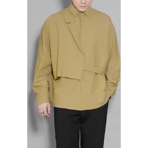 Mens Long-Sleeve Shirt Spring And Autumn New Lapel Single Breasted Solid Color Personality Art Clipping Splicing Fashion Design