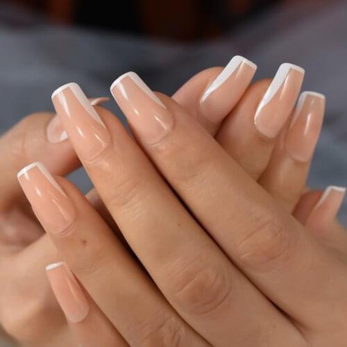 New Arrival Coffin Shape Fake Nails White Border French Nail Art Tips Meduim Nude Bulk Full Cover False Tips