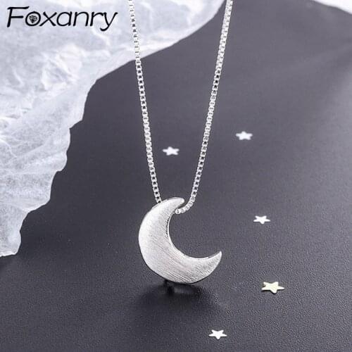 Foxanry 925 Sterling Silver Clavicle Chain Necklace for Women Summer New Trend Charming Matte Texture Moon Elegant Party Jewelry