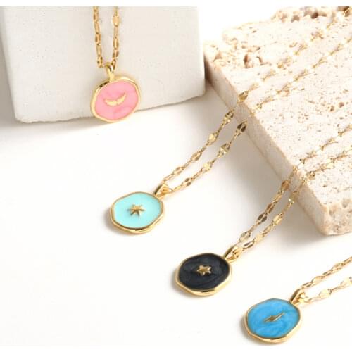 Color Enamel Oil Drop Moon Star Heart Lightning Wing Pendant Necklace for Women Gold Long Chain Necklace Fashion Jewelry 2021