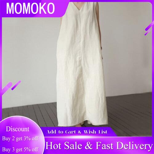 Dress Women Sleeveless 2021 Summer Simple Japanese V-neck Cotton Linen Vest Dress Long Dress Women Hot Korean Style Solid Color
