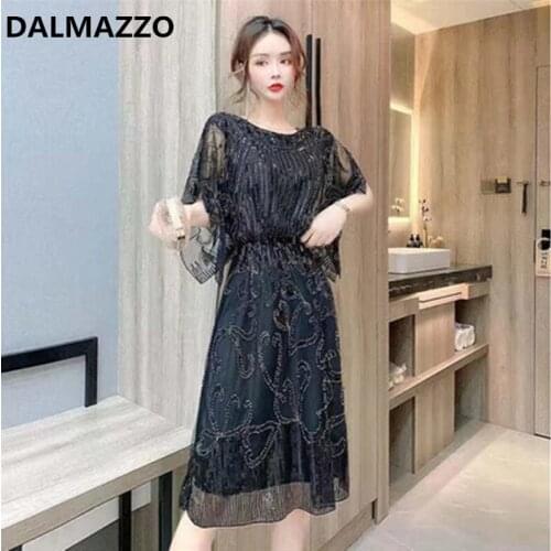 Drop Shipping 2021 New Summer Designer Women Fashion O Neck Mesh Sequins Elastic Waist Over Knee Length Dress Vestidos Female