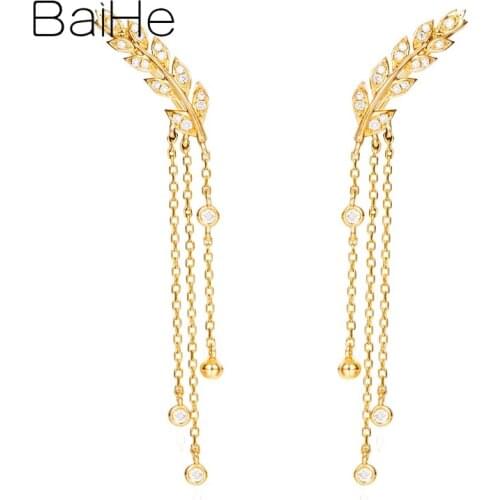 BAIHE Solid 18K Yellow Gold 0.14ct H/SI Round Natural Diamonds Wedding Fine Jewelry tassel feather Stud Earrings for women