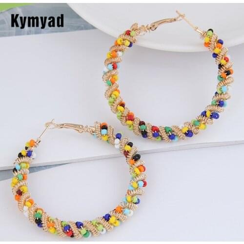 Kymyad Bohemia Colorful Beads Hoop Earrings For Women Ethnic Earings Fashion Jewelry Gold Silver Color Statement Earrings 5.0cm