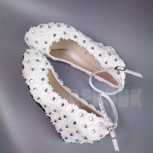 5CM wedges heel lace wedding shoes bride handmade ankle buckle straps heart shape silver crystal lady dancing party shoes pump