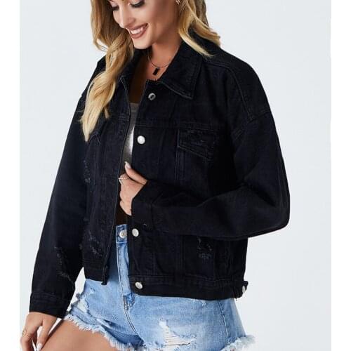 2021 Street Style Fashion Womens Versatile Denim Jacket Womens Cool Jacket Multi-pocket Black Slim Coat