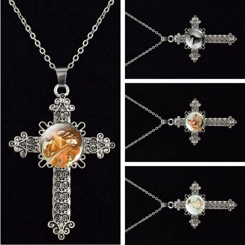 Art Nouveau Beautiful Lady Girl Painting Cross Necklace Ballerina Silhouette Pendant Mermaid Goddess Necklace For Women Gifts