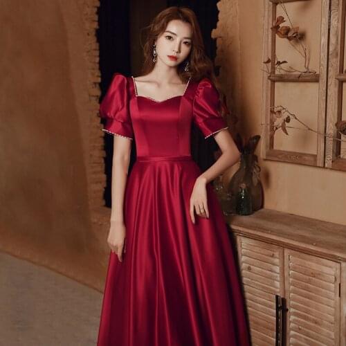 Robe De Soiree Vintage Bride Burgundy Wedding Qipao Elegant French Square Neck Puffy Sleeve Fairy Dress
