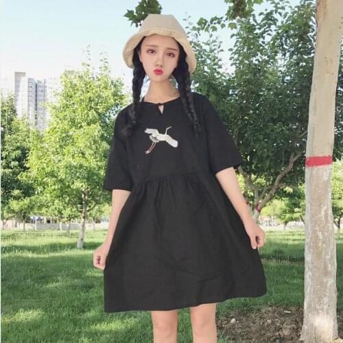 Japanese retro Chinese style dress womens animal embroidery short-sleeved kawai dress high waist college style loose dress L335