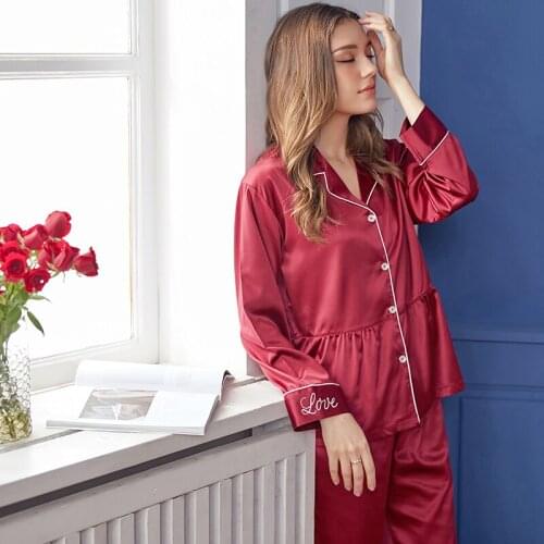 Xifenni Silk Pajama Sets Female Spring Summer New Faux SILK Sleepwear Woman Solid Color Long-Sleeve Nightwear 2-Pieces X9101