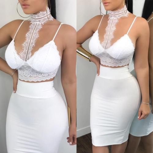 Hot Sale Women Bodycon Two Piece Crop Top+Skirt Set Lace Prom Party Clubwear Dress Set White