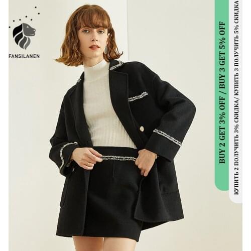 FANSILANEN Black casual 100% wool two piece set Women elegant high waist skirt and top set Autumn winter matching suit sets 2020