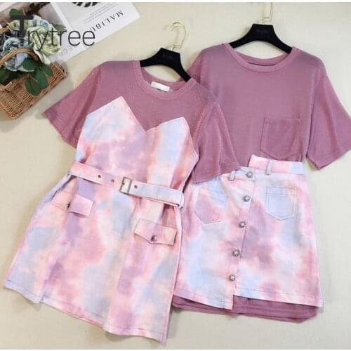 Trytree 2020 Summer Women two piece set Casual O-neck Pink Loose T-shirt Tops + Skirt Mini A-line Fashion Set 2 piece set