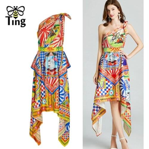 Tingfly New Arrivals Fashion Floral Printing One Shoulder Dress Asymmetrical Hem Women Casual Summer Party Dress Elbise Robes