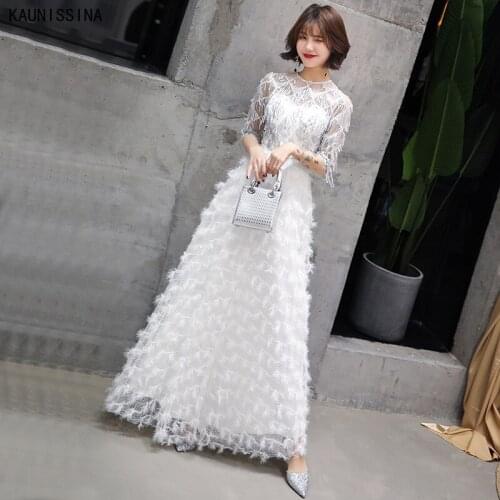 KAUNISSINA Long Evening Dress Sequined Half Sleeve O-Neck Party Gown for Women Celebrity Dresses Vestidos de fiesta de noche