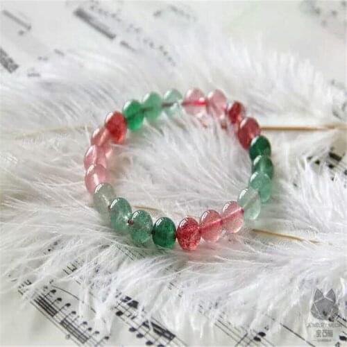 10mm Natural Red Green Strawberry Quartz Crystal Round Beads Jewelry Stretch Charm Bracelet