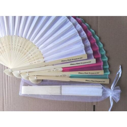 100 pcs Personalized Wedding Favors and Gifts For Guest Silk Fan Cloth Wedding Decoration Hand Folding Fans +Customized Printing