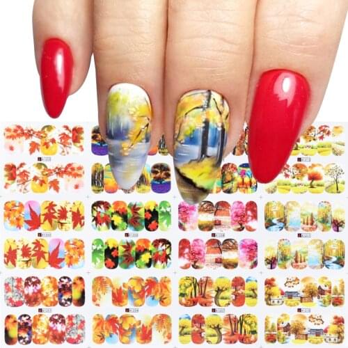 12pc Charms Fall Nail Foils Stickers Watercolor Tree Leaf Decal Sliders Wraps Autumn Floral Nail Art Decor Manicure LAA1201-1212