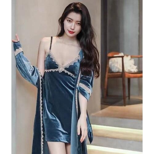 Autumn Women Lace Floral Robe Sets 2PCS Velour Bride Dressing Kimono Bathrobe Gown Sexy Strap Top Nightdress Underwear Sleepwear