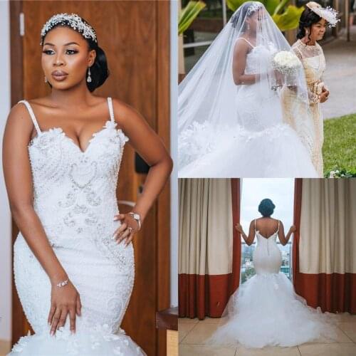 2020 African Mermaid Wedding Dresses Plus Size Spaghetti Straps Lace Beaded Backless Black Girls Bridal Wedding Gowns Robe De