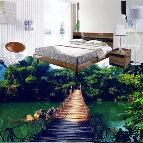 Beibehang Custom flooring 3D Wallpaper hanging wood bridge natural forest art bathroom waterproof anti - skid thick frescoes