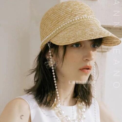 Women sun visor Japanese pearl chain decoration natural wheat straw baseball hat fashion equestrian hat quiche hat