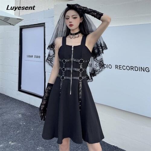 Punk Black Street Girl Tank Dress Dark Gothic Zipper Sleeveless Mini Lady Dresses Ring PU Strap Backless Korean Fashion Cloth