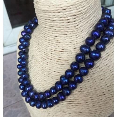 Double strands 10-11mm tahitian baroque blue pearl necklace 18" 925 silver