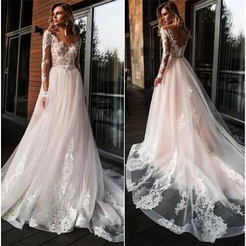 Backless Elegant Lace Wedding Dresses Long Sleeve A-line Beach Bridal Dress Court Train O-neck Appliques Boho Lace Wedding Gowns