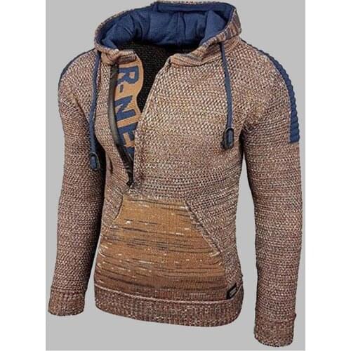 2020 Men Autumn Winter Patchwork Warm Knitted Sweater Long Sleeve Hooded Coat Mens Hooded Cardigan