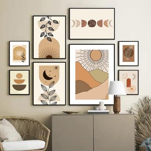 Nordic Abstract Mountain Sea Sunlight Moon Leaves Wall Art Canvas Painting Posters Print Pictures For Modern Home Decoration