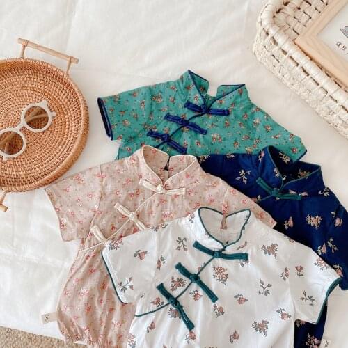 New 2021 Summer Chinese Style Newborn Baby Girls Cheongsam Bodysuits Printed Cotton Toddlers Kids Jumpsuits