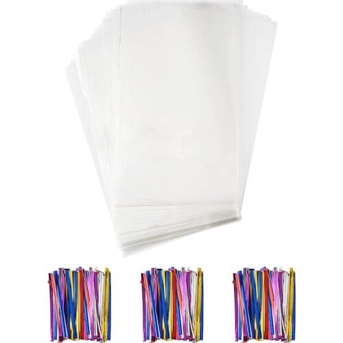 Pandahall 100pcs/set Rectangle OPP Cellophane Bags with Plastic & Iron Core Wire Twist Ties for Packing Wedding Gift Candy Bags