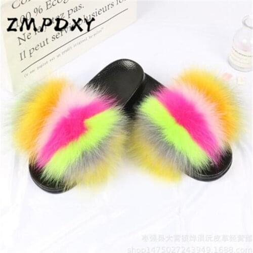 Kids/Childrens Real Fox Fur Slippers Ladies Raccoon Fur Slides Plush Home Shoes Woman Fluffy Furry Sandals Beach Fur Flip Flops