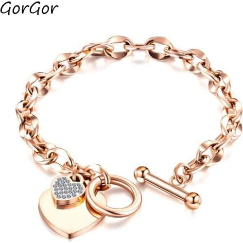 GorGor Women Bracelets Toggles Clasps Hears Shape with Rhinestone Mosaic Titanium Steel Ladies Fashion Hand Chains 1012
