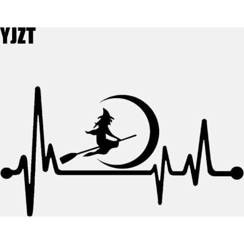 YJZT 13.7CM*7.3CM Cute Witch Moon Broom Heartbeat Vinyl Black/Silver Car Sticker C22-1030