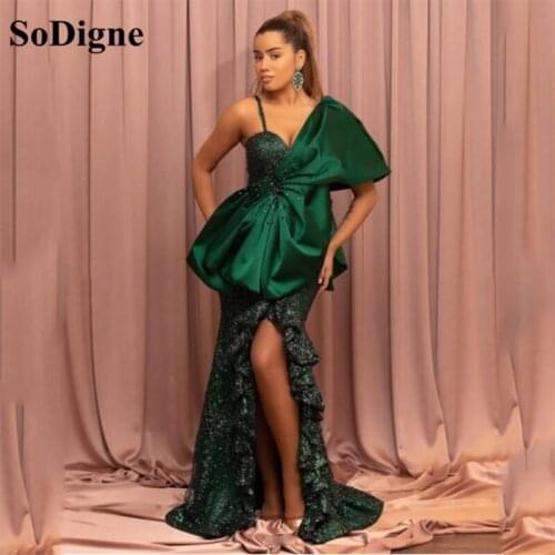 SoDigne Green Mermiad Evening Dresses Beaded Sequin Shiny One Sleeves Split Prom Dress Sexy Backless Formal Gown For Party